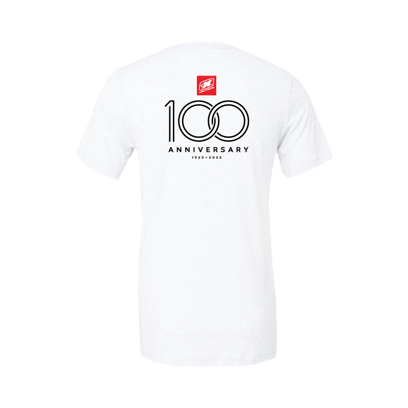 100th Anniversary Stacked Logo Tee - White - CLEARANCE